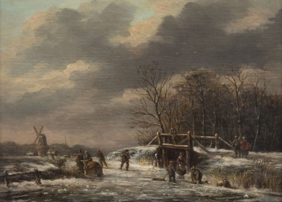 Auction <br>Winterlandschaft mit zugefrorenem Flusslauf und Windmühle