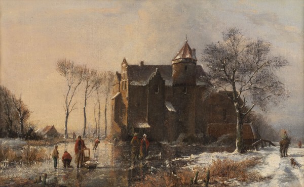 Auktion <br>Winterlandschaft mit zugefrorenem Fluss und Schloss