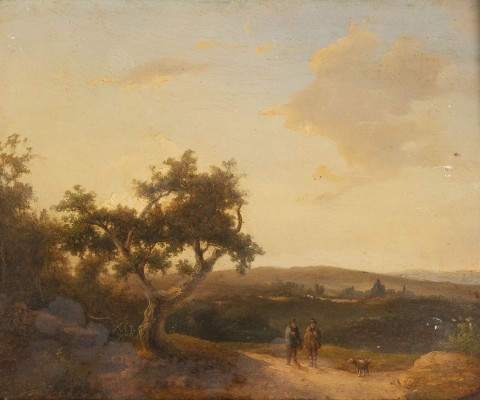 Auction <br>Landschaft mit zwei Jägern und einem Hund