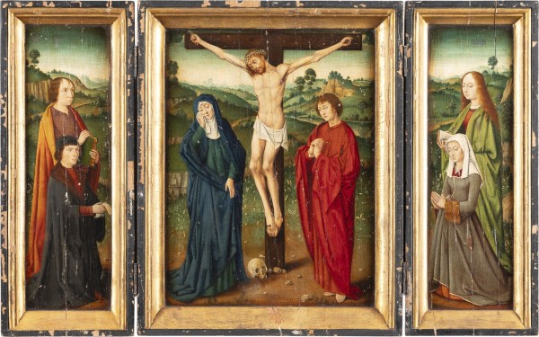 Auction <br>TRIPTYCHON MIT DER KREUZIGUNG CHRISTI, DER GOTTESMUTTER, JOHANNES, STIFTERFIGUREN UND HEILIGEN VOR EINER DETAILREICHEN HINTERGRUNDLANDSCHAFT