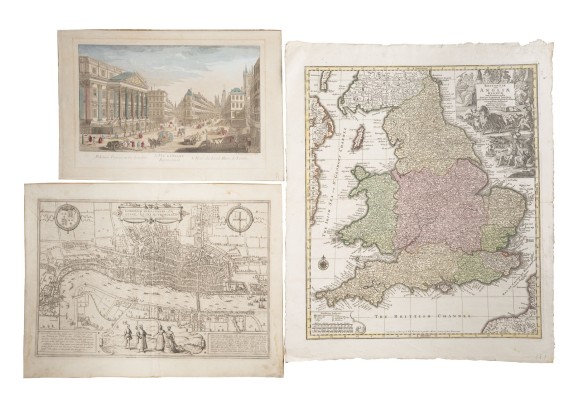 Auction <br>KONVOLUT AUS ZEHN GRAFIKEN MIT LANDKARTEN UND ANSICHTEN VON ENGLAND, LONDON, HOLSTEIN U.A.