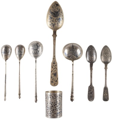 Auction 131<br>A COLLECTION OF A SILVER AND NIELLO BEAKER AND SEVEN SPOONS