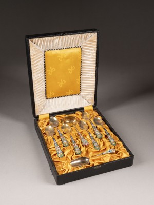 Auction 131<br>EIGHT SILVER-GILT AND CLOISONNÉ ENAMEL CADDY SPOONS