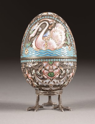 Auction 131<br>A SILVER AND CLOISONNÉ ENAMEL EGG ON STAND