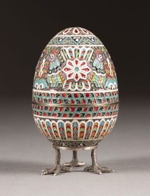 Auction 131<br>A SILVER AND CLOISONNÉ ENAMEL EGG ON STAND