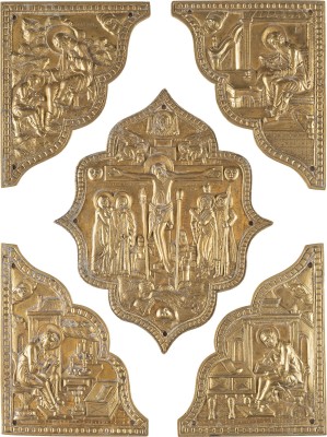 Auction 131<br>FIVE BRASS PLAQUES FROM A BOOK OF GOSPELS SHOWING THE CRUCIFIXION OF CHRIST AND THE FOUR