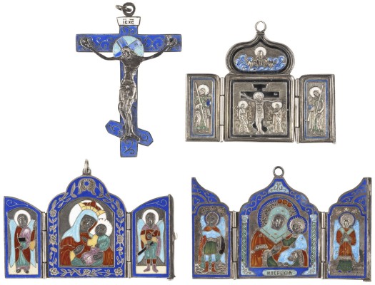 Auction 131<br>A SILVER AND ENAMEL PENDANT CROSS AND THREE TRIPTYCHS