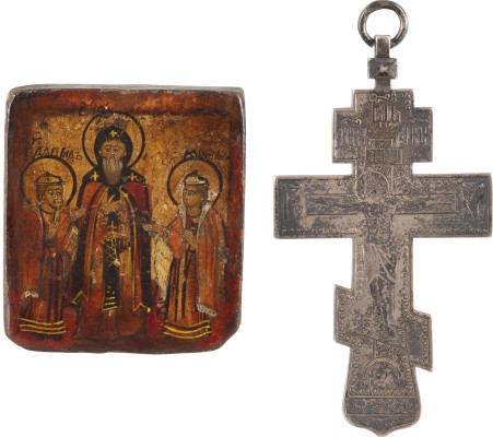 Auction 131<br>A MINIATURE ICON SHOWING ST. THEODORE WITH HIS SONS DAVID AND CONSTANTINE AND A SILVER