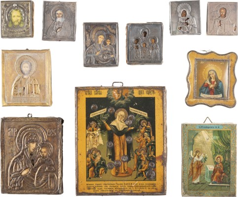 Auction 131<br>A COLLECTION OF 11 MINIATURE ICONS SHOWING THE MOTHER OF GOD, CHRIST AND SAINTS