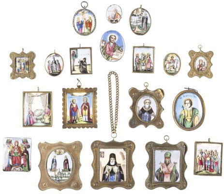 Auction 131<br>A COLLECTION OF 19 ENAMEL ICONS (FINIFTI) SHOWING THE MOTHER OF GOD AND SAINTS