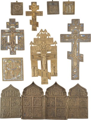 Auction <br>A COLLECTION OF NINE BRASS AND ENAMEL ICONS SHOWING THE CRUCIFIXION OF CHRIST AND FEASTS,