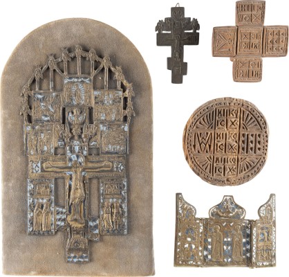 Auction 131<br>TWO WOODEN HAND CARVED STAMPS FOR THE HOLY BREAD AND THREE BRASS AND ENAMEL ICONS