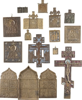 Auction 131<br>14 BRASS AND ENAMEL ICONS: CRUCIFIXES, FEASTS AND SAINTS