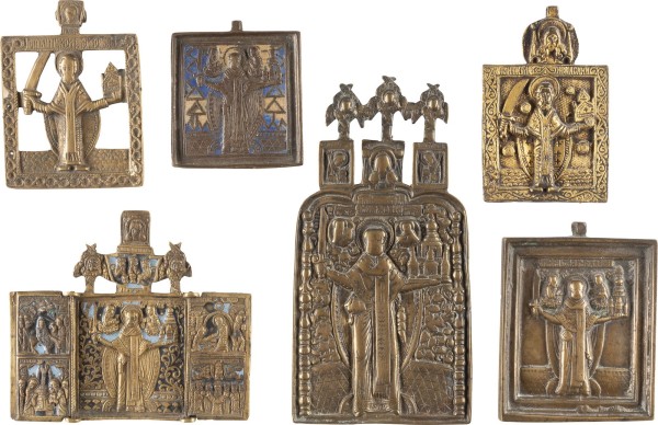 Auction 131<br>SIX BRASS AND ENAMEL ICONS SHOWING ST. NICHOLAS OF MOZHAYSK