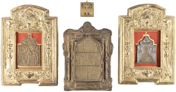 Auction 131<br>FOUR BRASS ICONS SHOWING IMAGES OF THE MOTHER OF GOD, ST. NICHOLAS OF MYRA AND FEASTS