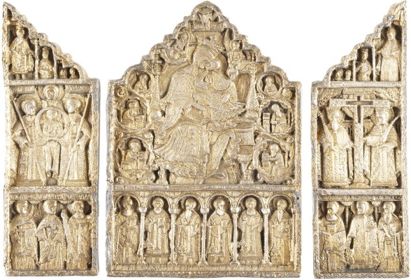 Auction 131<br>A SILVER-GILT TRIPTYCH SHOWING THE MOTHER OF GOD AND SAINTS