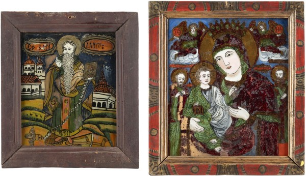 Auction 131<br>TWO REVERSE PAINTINGS ON GLASS: THE HODIGITRIA MOTHER OF GOD AND ST. CHARALAMBOS