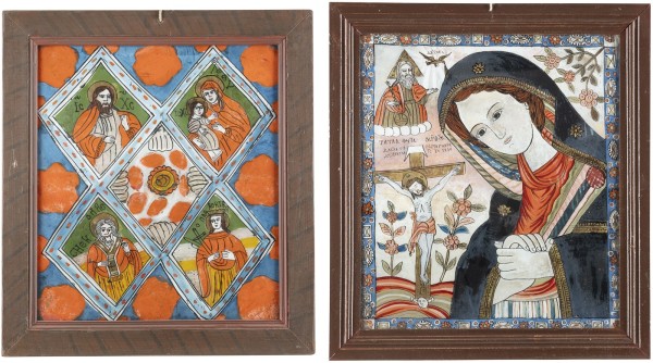 Auction 131<br>TWO REVERSE PAINTINGS ON GLASS SHOWING THE MOURNING MOTHER OF GOD AND THE HEAVENLY BOARD