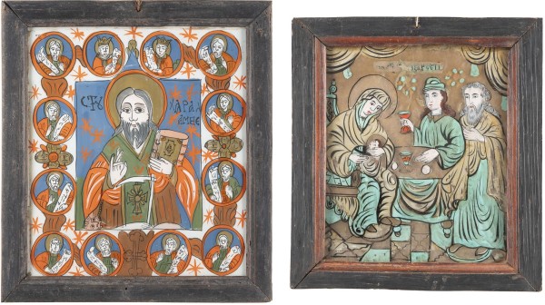 Auction 131<br>TWO REVERSE PAINTINGS ON GLASS: THE NATIVITY OF THE MOTHER OF GOD AND ST. HARALAMPOS