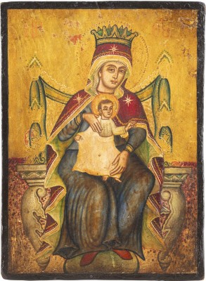 Auction <br>A PAIR OF MELKITE ICONS SHOWING THE ENTHRONED MOTHER OF GOD AND THE ENTHRONED CHRIST