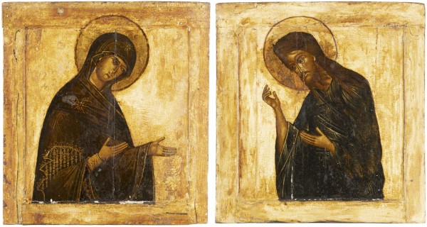 Auction <br>A PAIR OF LARGE ICONS SHOWING THE MOTHER OF GOD AND ST. JOHN THE FORERUNNER FROM A DEISIS