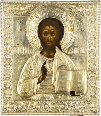 Auction <br>A FINE ICON SHOWING CHRIST PANTOKRATOR WITH A SILVER-GILT OKLAD