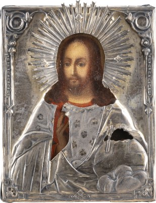 Auction 131<br>A SMALL ICON SHOWING CHRIST THE SAVIOUR WITH A SILVER-GILT OKLAD