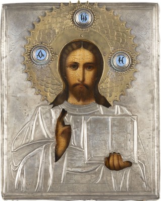 Auction 131<br>A SMALL ICON SHOWING CHRIST PANTOKRATOR WITH OKLAD