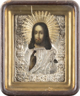 Auction 131<br>AN ICON SHOWING THE SAVIOUR WITH OKLAD WITHIN KYOT