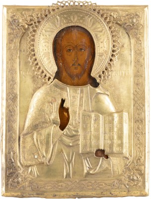 Auction 131<br>AN ICON SHOWING CHRIST PANTOKRATOR WITH OKLAD