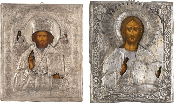 Auction 131<br>AN ICON SHOWING CHRIST PANTORATOR WITH OKLAD AND AN ICON OF ST. NICHOLAS OF MYRA