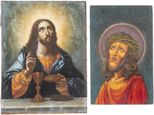 Auction 131<br>TWO ICONS: A DATED ICON SHOWING THE EUCHARIST AND CHRIST WITH THORNES