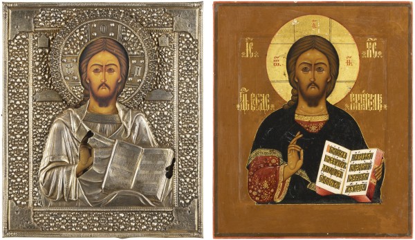 Auction 131<br>AN ICON SHOWING CHRIST PANTOKRATOR WITH A SILVER-GILT OKLAD