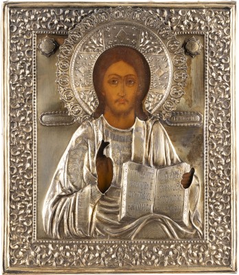 Auction 131<br>AN ICON SHOWING CHRIST PANTOKRATOR WITH A SILVER-GILT OKLAD