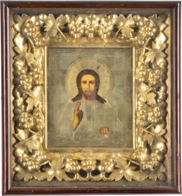 Auction 131<br>A LARGE ICON SHOWING CHRIST PANTOKRATOR WITH OKLAD WITHIN KYOT