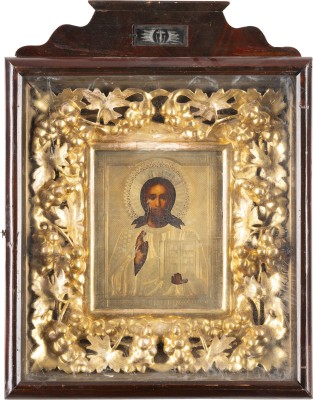 Auction 131<br>AN ICON SHOWING CHRIST PANTOKRATOR WITH OKLAD WITHIN KYOT