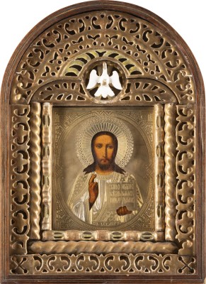 Auction 131<br>AN ICON SHOWING CHRIST PANTOKRATOR WITH OKLAD WITHIN KYOT