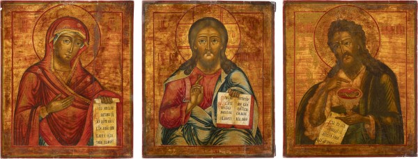 Auction 131<br>THREE LARGE ICONS FORMING A DEISIS: CHRIST PANTOKRATOR FLANKED BY THE MOTHER OF GOD AND