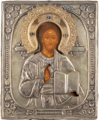 Auction 131<br>A LARGE ICON SHOWING CHRIST PANTOKRATOR WITH OKLAD