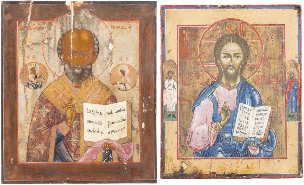 Auction 131<br>TWO ICONS SHOWING CHRIST PANTORKATOR AND ST. NICHOLAS OF MYRA