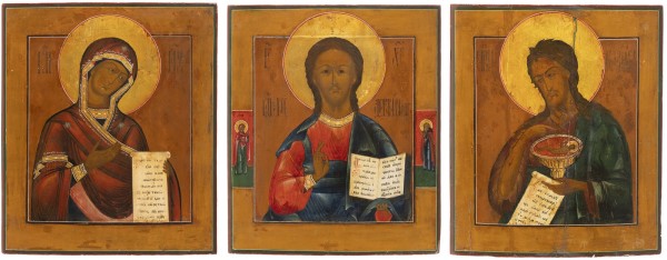 Auction 131<br>THREE LARGE ICONS FROMING A DEISIS SHOWING CHRIST PANTOKRATOR FLANKED BY THE MOTHER OF GOD