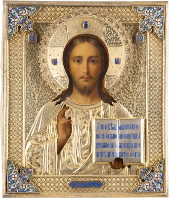 Auction 131<br>AN ICON SHOWING CHRIST PANTOKRATOR WITH A SILVER-GILT AND CLOISONNÉ ENAMEL OKLAD