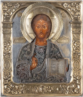 Auction 131<br>A FINE ICON SHOWING CHRIST PANTOKRATOR WITH A SILVER-GILT AND FILIGREE OKLAD