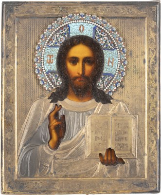 Auction 131<br>AN ICON SHOWING CHRIST PANTOKRATOR WITH A SILVER-GILT AND CLOISONNÉ ENAMEL OKLAD