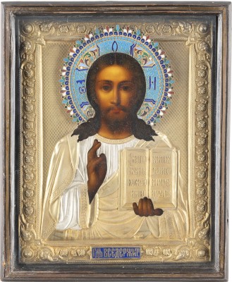 Auction 131<br>AN ICON SHOWING CHRIST PANTOKRATOR WITH A SILVER-GILT AND CLOISONNÉ ENAMEL OKLAD WITHIN