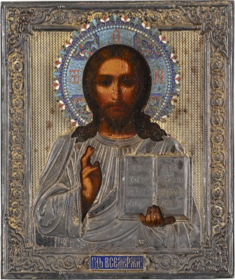 Auction 131<br>AN ICON SHOWING CHRIST PANTOKRATOR WITH A SILVER-GILT AND CLOISONNÉ ENAMEL OKLAD