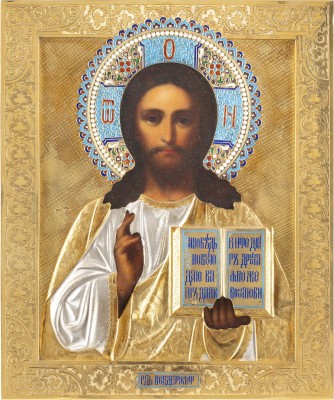 Auktion 131<br>IKONE MIT CHRISTUS PANTOKRATOR MIT CLOISONNÉ-EMAIL-OKLAD