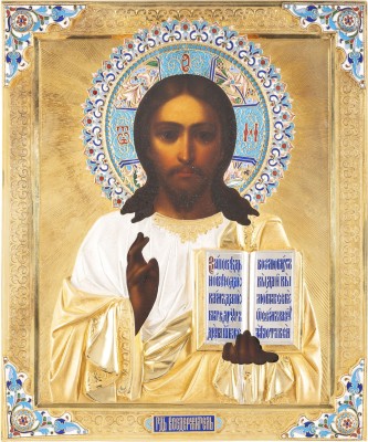 Auction 131<br>AN ICON SHOWING CHRIST PANTOKRATOR WITH A SILVER-GILT AND CLOISONNÉ ENAMEL OKLAD