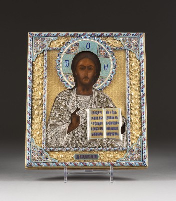 Auktion 131<br>SEHR FEINE IKONE MIT CHRISTUS PANTOKRATOR MIT FILIGRANEM CLOISONNÉ-EMAIL-OKLAD