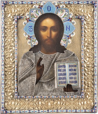 Auction 131<br>A VERY FINE ICON SHOWING CHRIST PANTOKRATOR WITH A SILVER-GILT, FILIGREE AND CLOISONNÉ